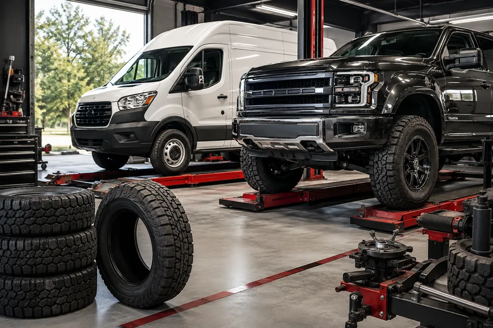 Commercial van and light truck positioned for tire service in a professional bay