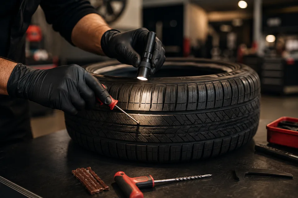 Technician inspecting a tire tread puncture with professional repair tools