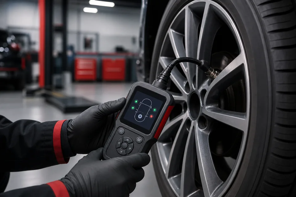 Technician checking a tire valve with a handheld TPMS diagnostic scanner