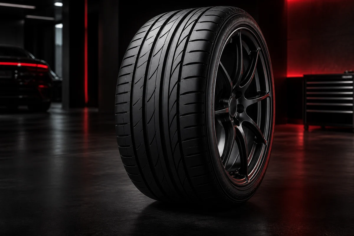 Performance tire in a dark automotive showroom
