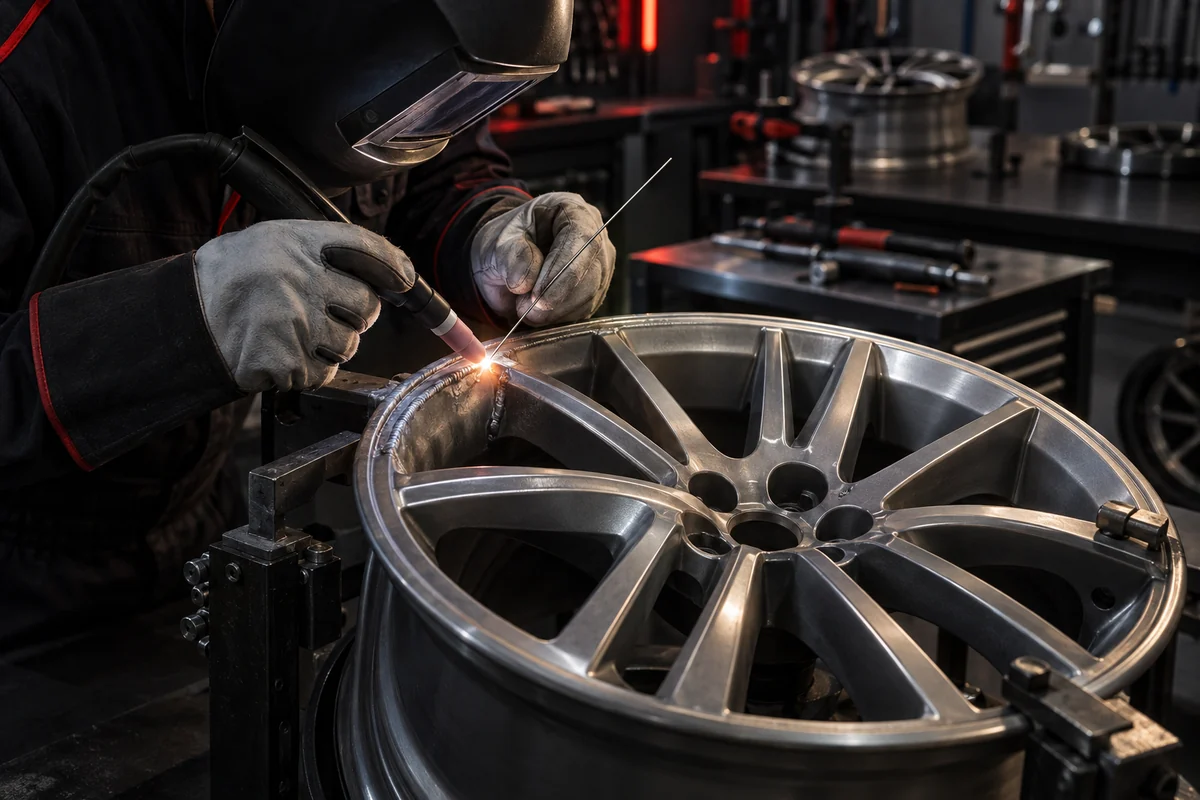 Gloved technician carrying out controlled alloy wheel welding