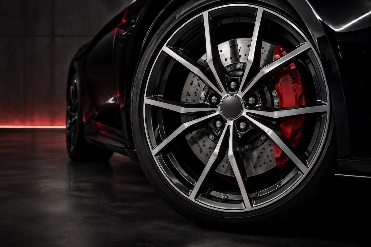 Black and machined alloy wheel with red brake caliper
