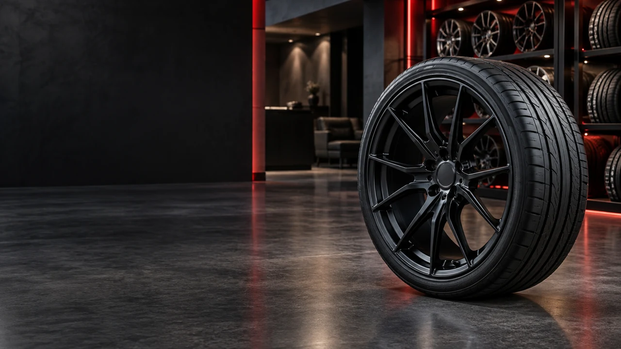Premium black wheel and performance tire in a modern automotive showroom