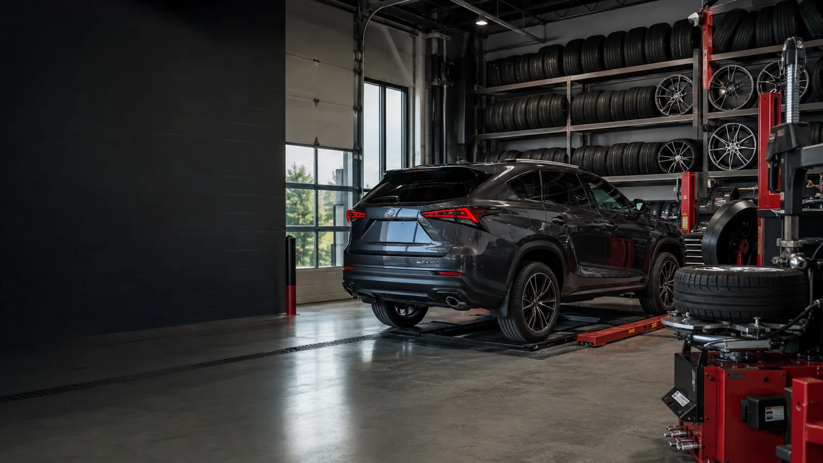 Modern tire and wheel service bay with an SUV, tire racks and professional equipment